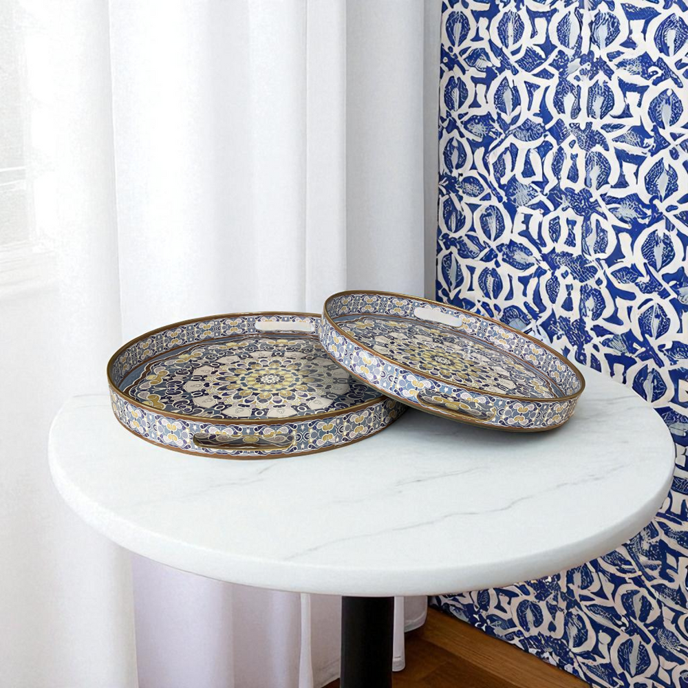 Round Blue Cultural Mosaic Trays (Pair)