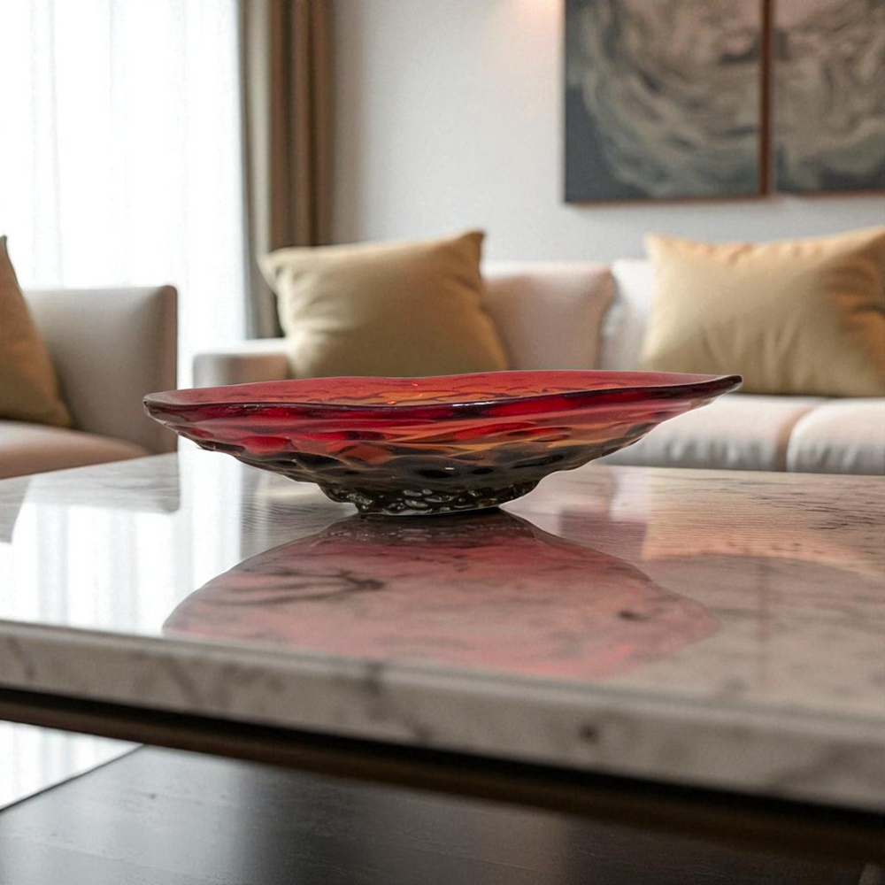 Ruby Red Glass Decorative Shallow Bowl