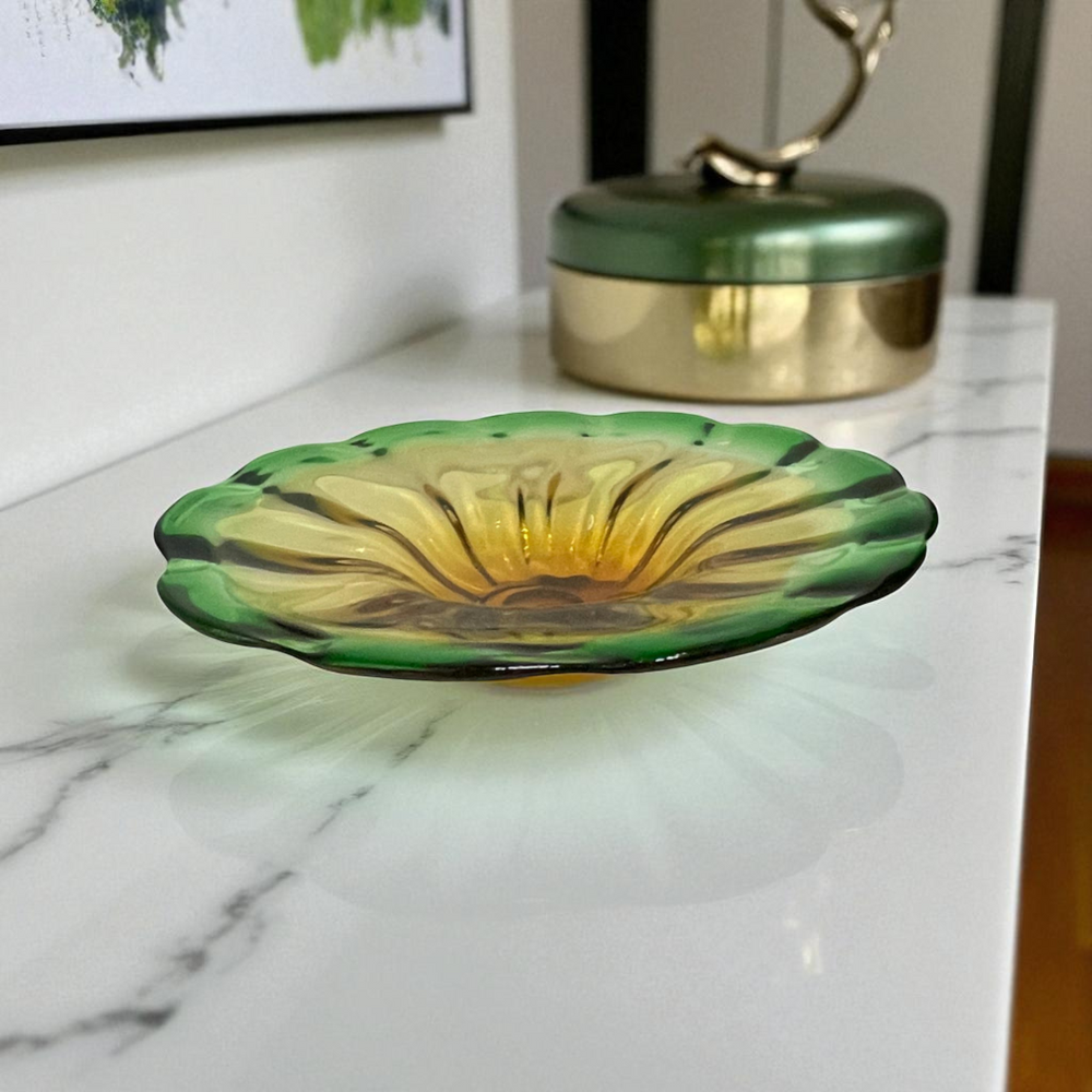 Two-Tone Green and Amber Glass Shallow Bowl