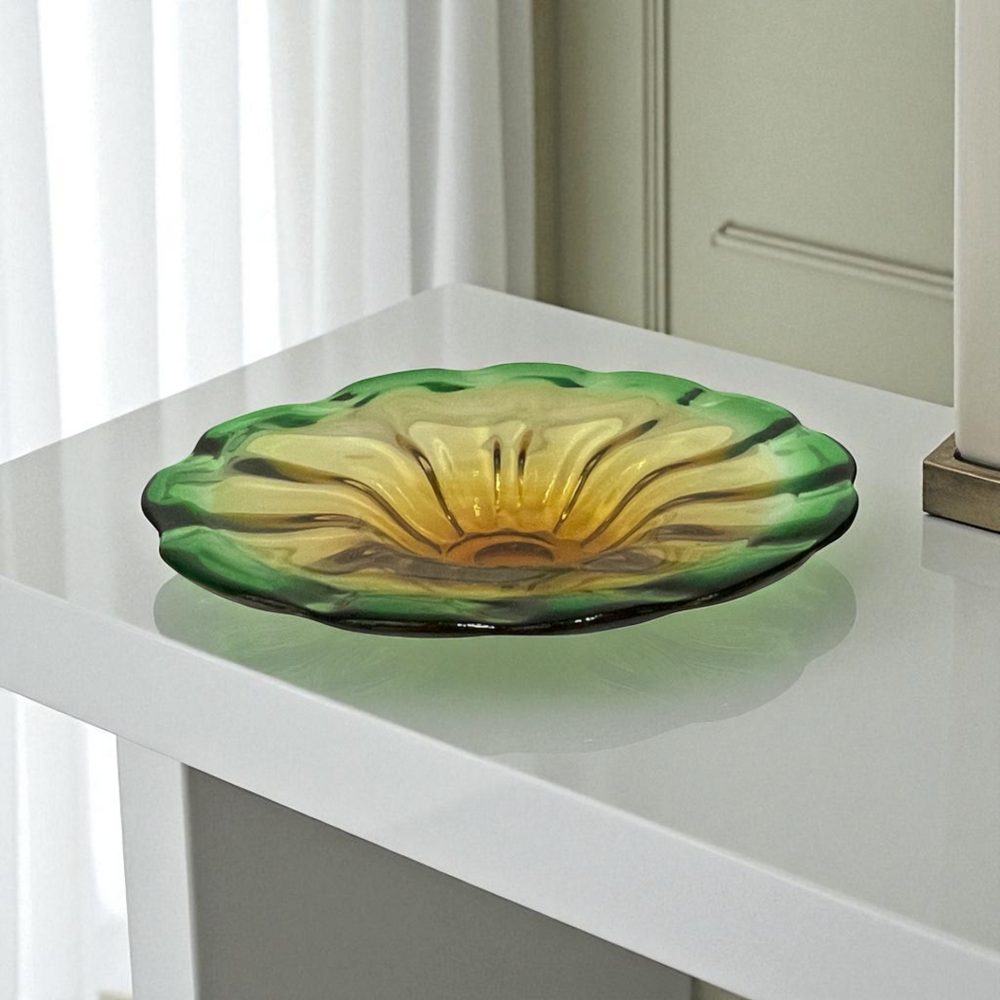 Two-Tone Green and Amber Glass Shallow Bowl