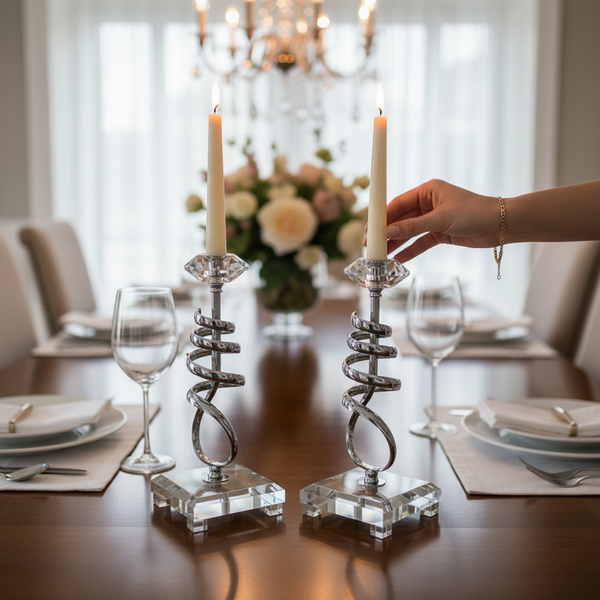 Modern Crystal & Chrome Spiral Candle Holders