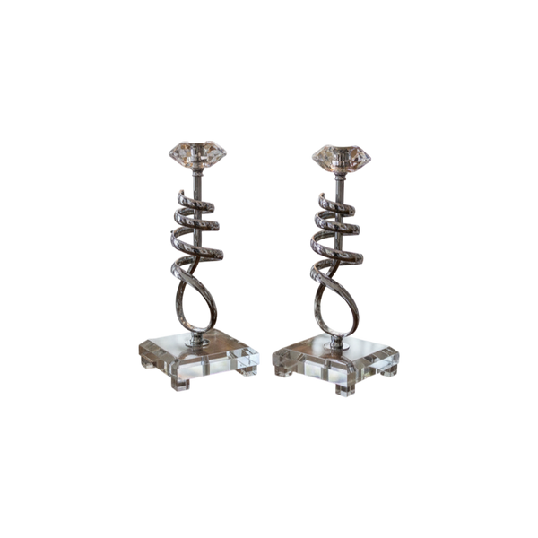 Modern Crystal & Chrome Spiral Candle Holders