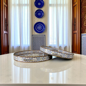Round Blue Cultural Mosaic Trays (Pair)