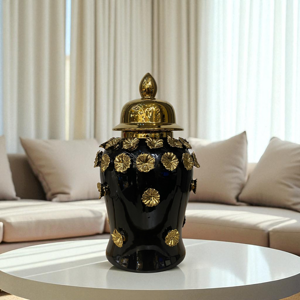 Midnight Bloom Black-Gold Floral Porcelain Urns