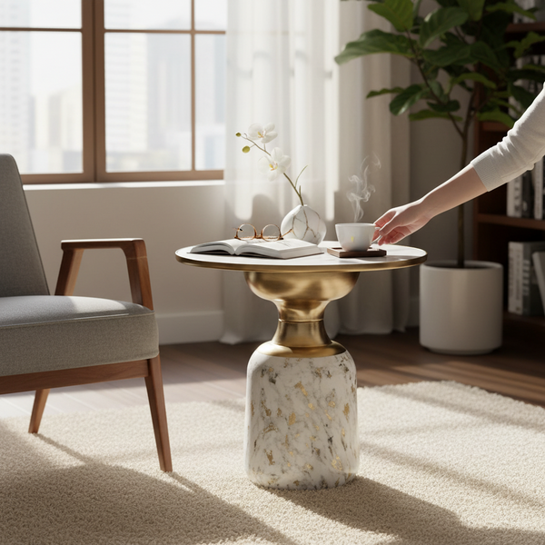 Contemporary Metallic Coffee Table with Marble Top