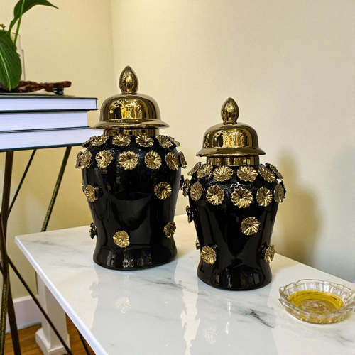 Midnight Bloom Black-Gold Floral Porcelain Urns