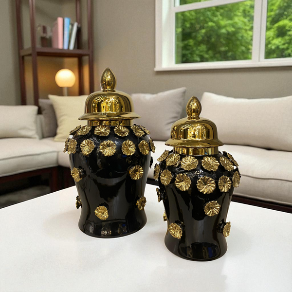 Midnight Bloom Black-Gold Floral Porcelain Urns