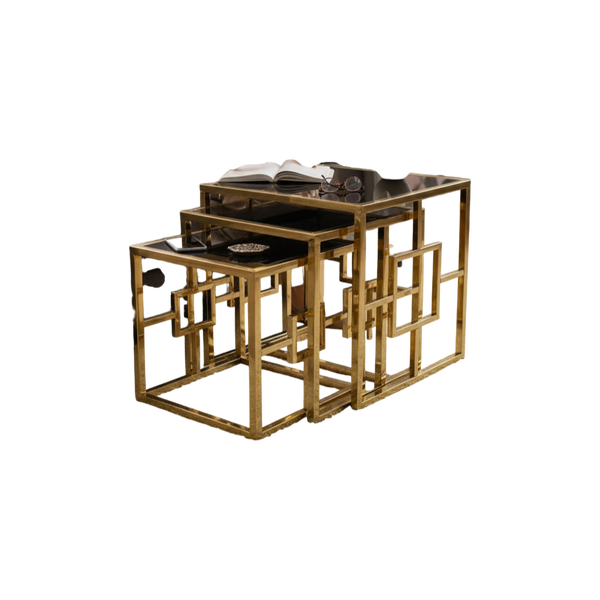 Luxe Geometric Nesting Tables – Black Tempered Glass Top