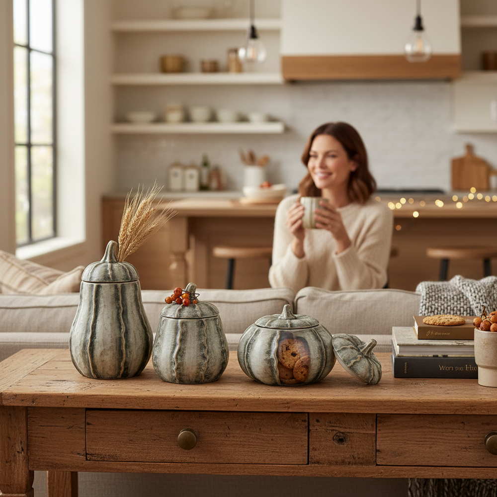 Timeless Olive Green Floral Pumpkin Jars Set