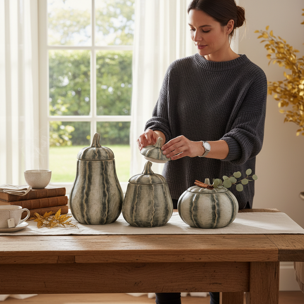 Timeless Olive Green Floral Pumpkin Jars Set