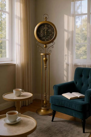 Industrial Black Gear Tripod Standing Clock