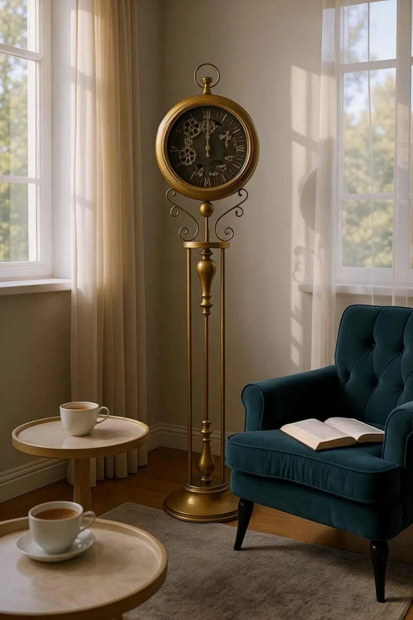 Industrial Black Gear Tripod Standing Clock