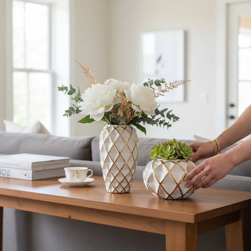 Modern Lattice Gold Table Vases (Pair)