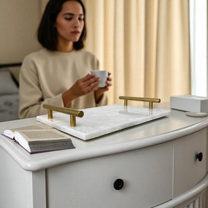 White Marble Rectangular Tray with Brass Handles