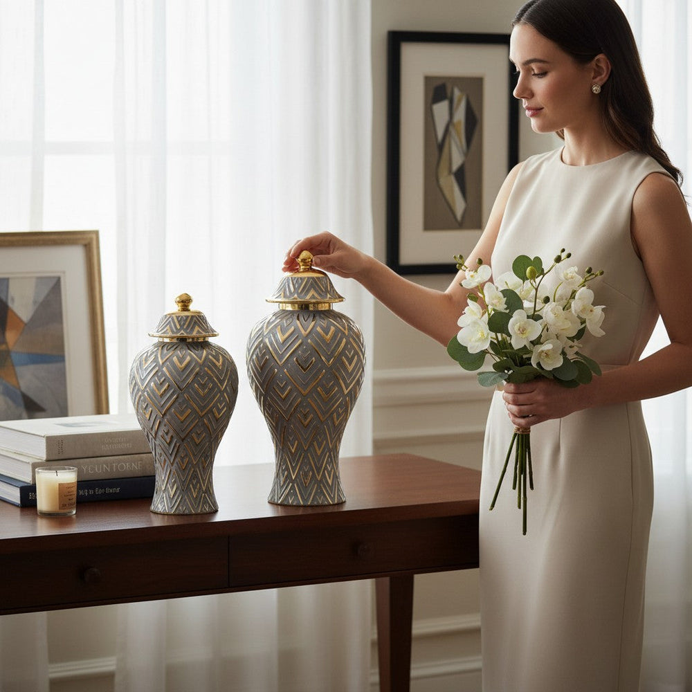 Luxe Grey-Textured Ginger Jars (Pair)
