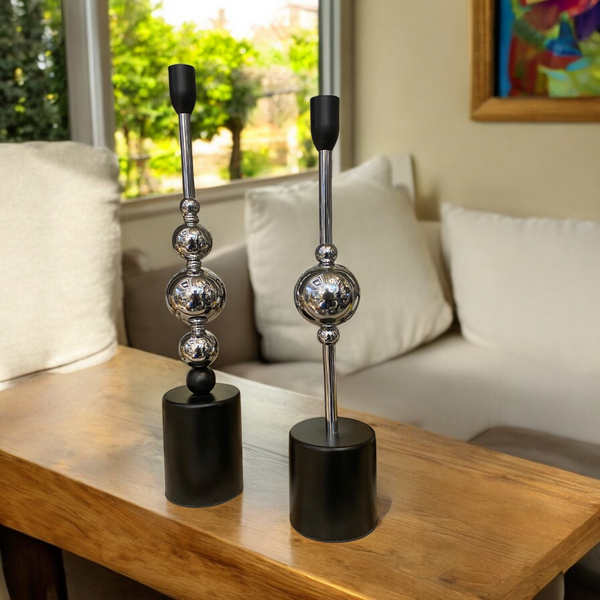 Modern Chrome Sphere Candle Stand Set