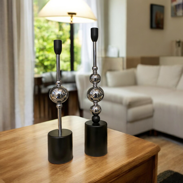 Modern Chrome Sphere Candle Stand Set