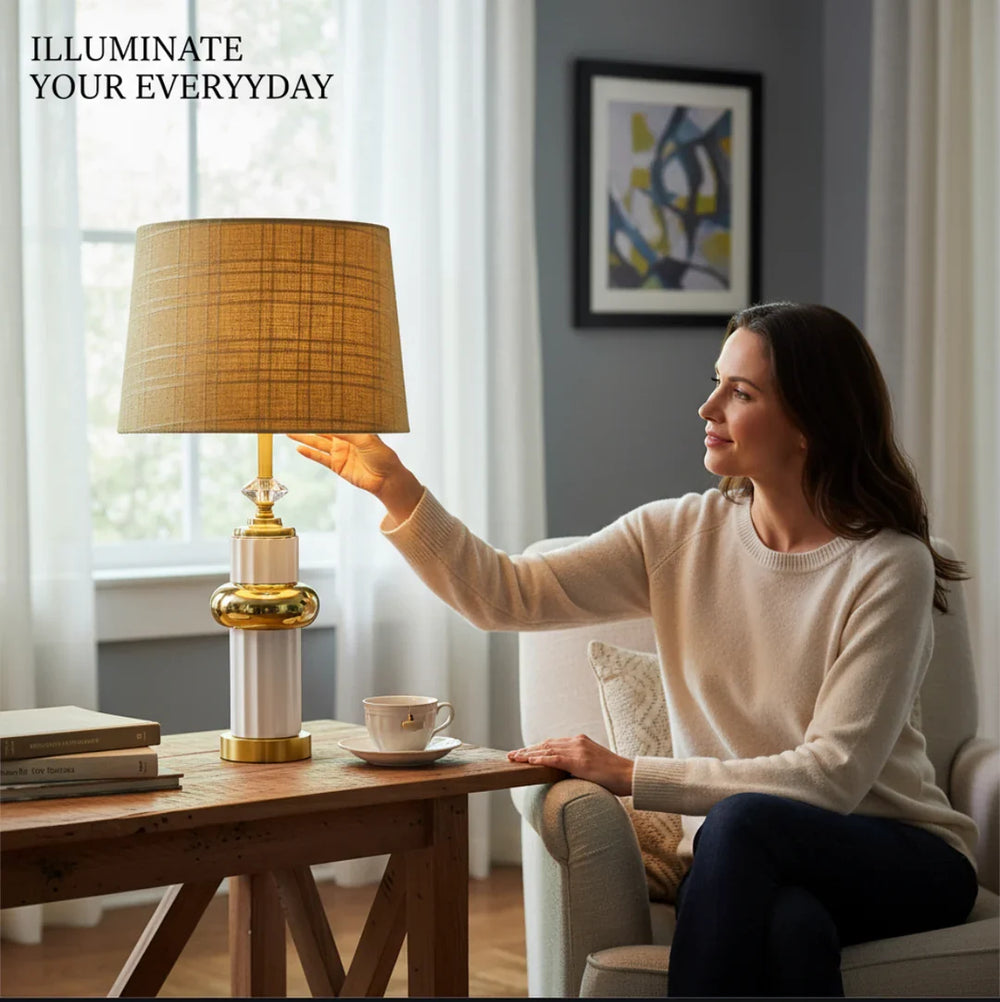 White & Gold Column Ceramic Lamp