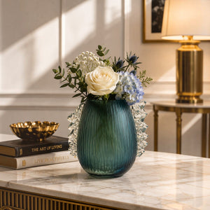 Emerald Blue Ruffled Glass Vase