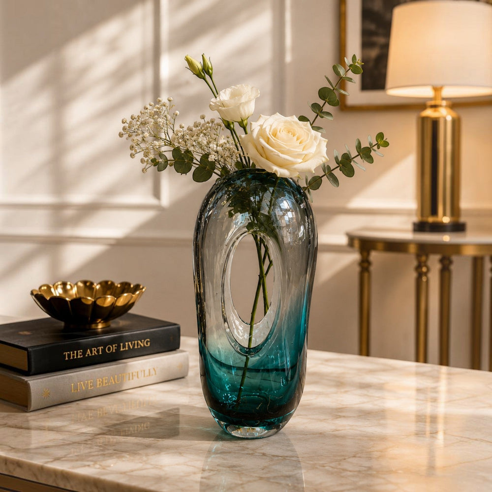 Teal Blue Oval Cutout Glass Vase