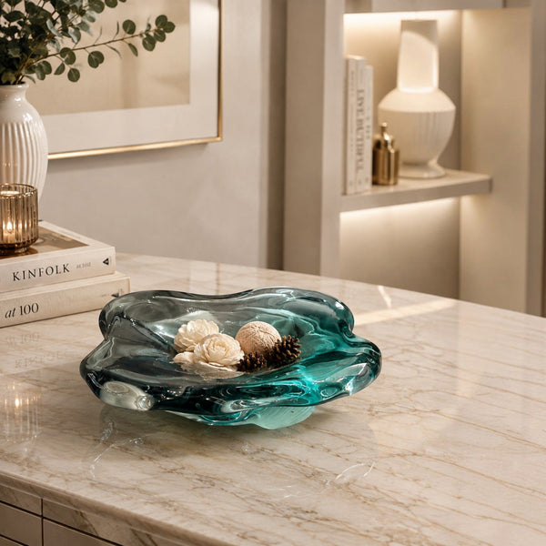 Teal Organic Wavy Glass Bowl