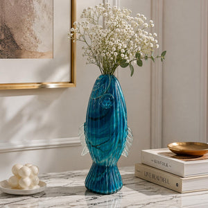 Heavy Blue Fish Glass Vase