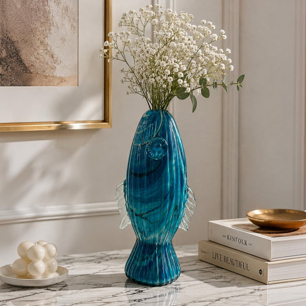 Heavy Blue Fish Glass Vase