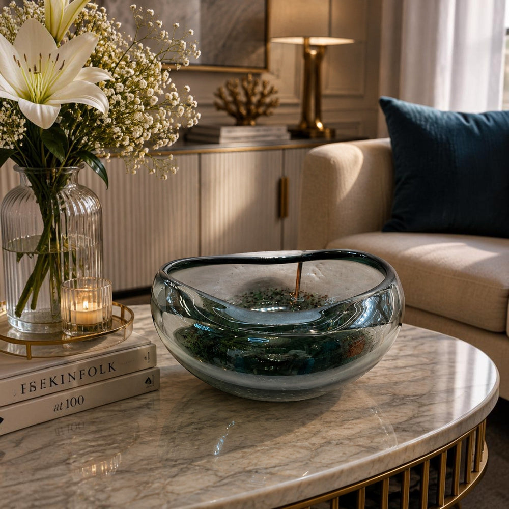 Smoky Teal Green Glass Bowl – Modern Decorative Art Glass Centerpiece