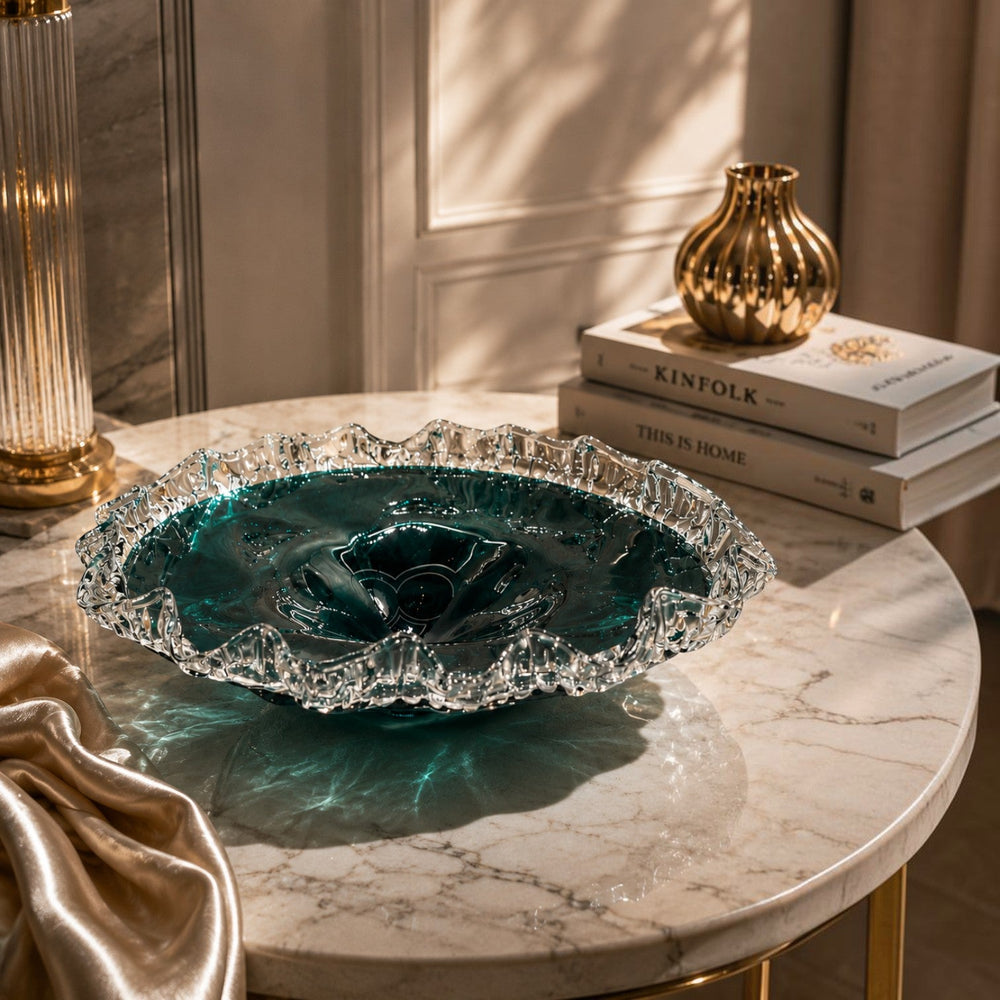 Teal Crinkle Rim Glass Bowl