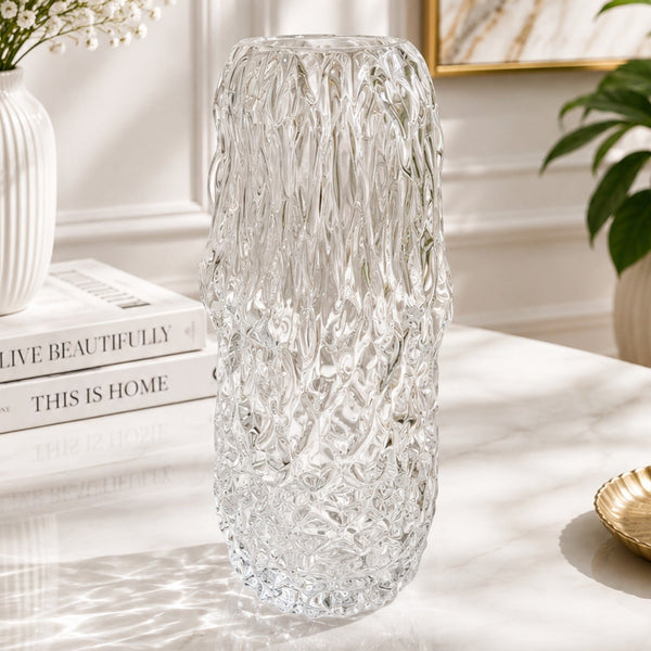 Clear Textured Glass Vase – Modern Decorative Bud Vase