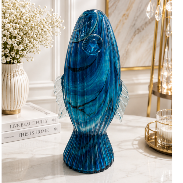 Heavy Blue Fish Glass Vase