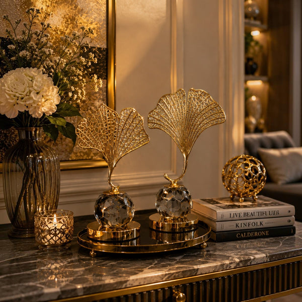 Luxury Gold Ginkgo Leaf Crystal Sculpture Set – 2 Piece