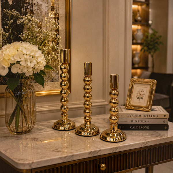 Gold Beaded Taper Candle Holder (Set of 3)