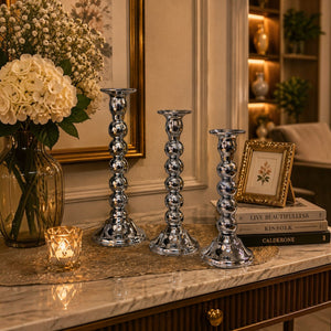 Silver Beaded Taper Candle Holder (Set of 3)