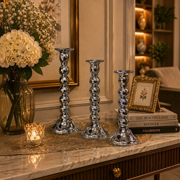 Silver Beaded Taper Candle Holder (Set of 3)