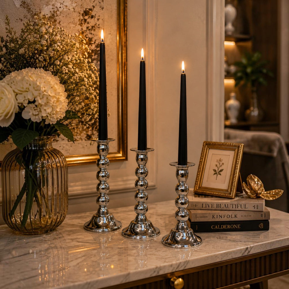 Silver Beaded Taper Candle Holder (Set of 3)