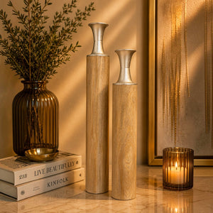 Modern Metal Floor Vase with Wood Grain Finish