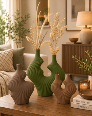 Modern Ribbed Ceramic Decorative Vases Set (3 Pieces)