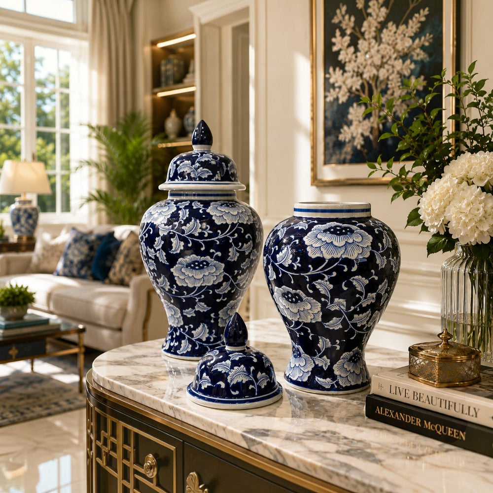 Royal Blue Pottery Porcelain Table Urns