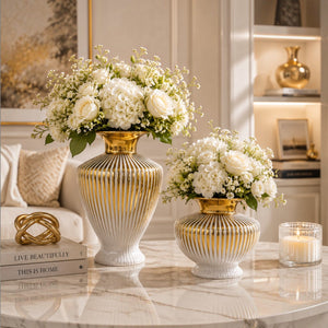 Luxury White-Gold Ribbed Ceramic Decorative Vases