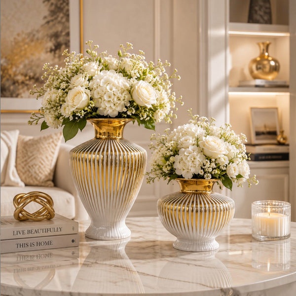 Luxury White-Gold Ribbed Ceramic Decorative Vases