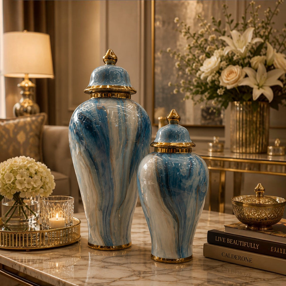 Luxury Blue Marble Textured Porcelain Ginger Jars