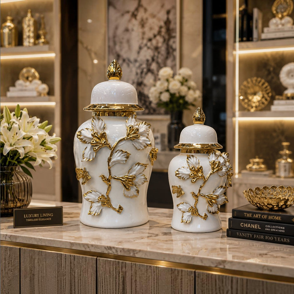 Luxury White & Gold Decorative Ginger Jar Set displayed on a console table