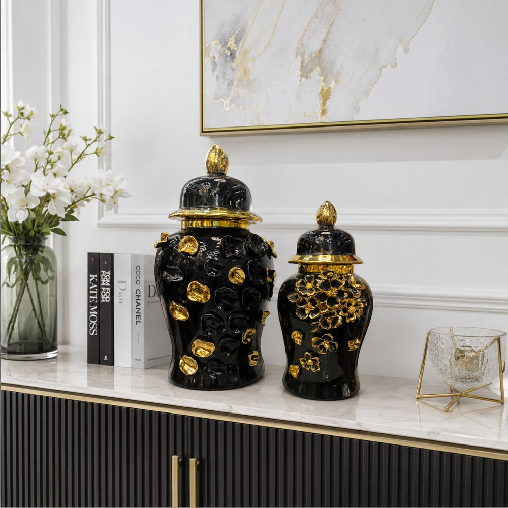 Luxury Black Decorative Ginger Jars with Gold Accents