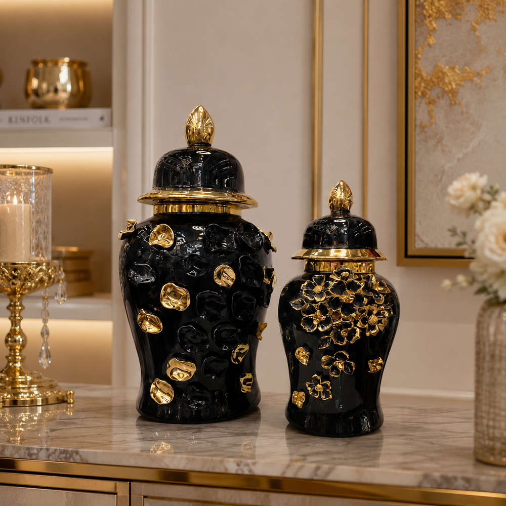 Luxury Black Decorative Ginger Jars with Gold Accents