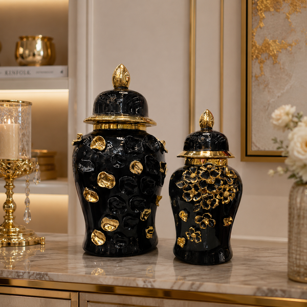 Luxury Black Decorative Ginger Jars with Gold Accents