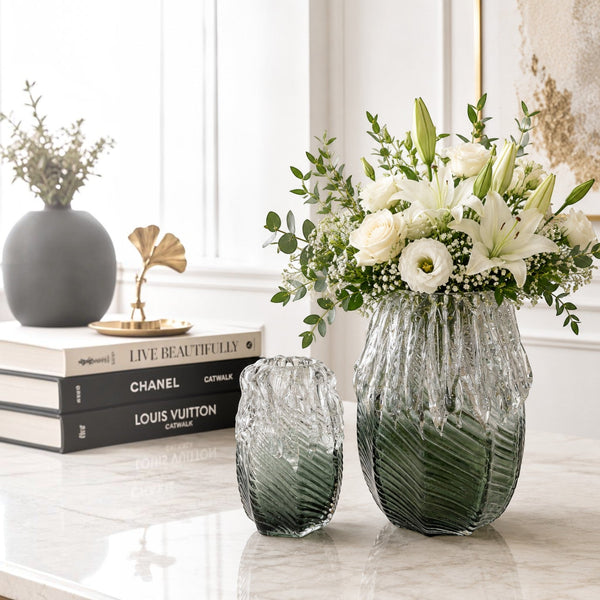 Textured Green Clear Glass Vases