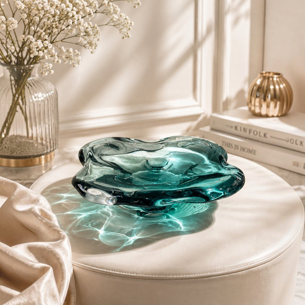 Teal Organic Wavy Glass Bowl