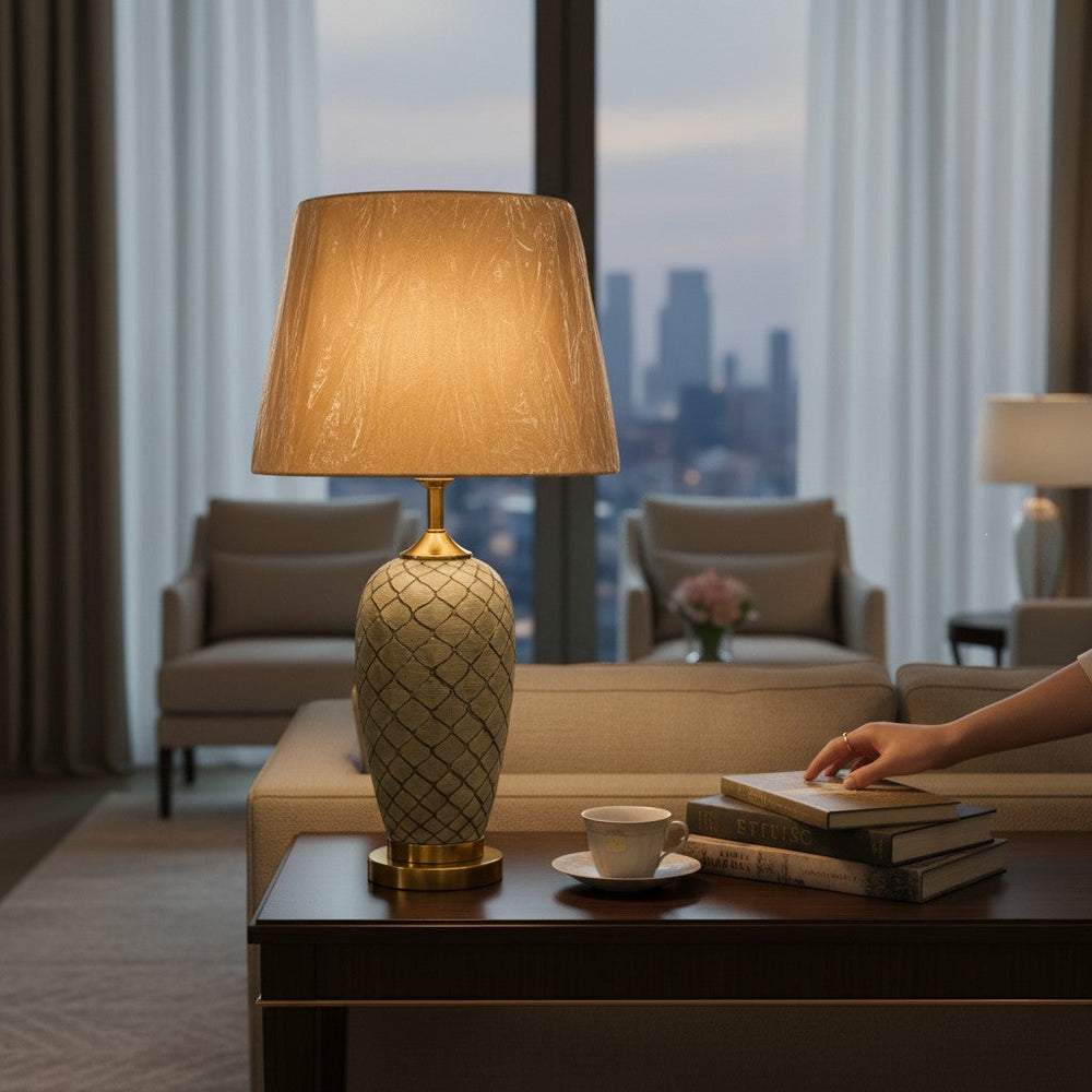 Olive Green Lattice Ceramic Table Lamp