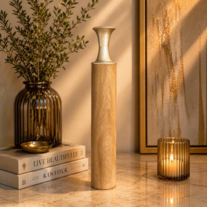 Modern Metal Floor Vase with Wood Grain Finish